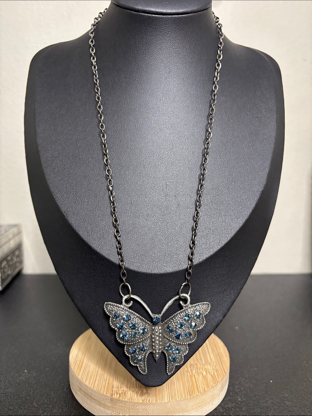 Blue Crystal Butterfly Pendant Gunmetal Silver Necklace Statement Jewelry